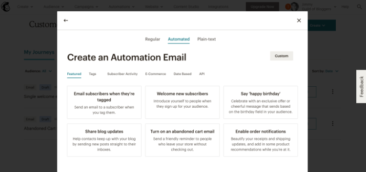 Screenshot showing Mailchimp’s email automation templates