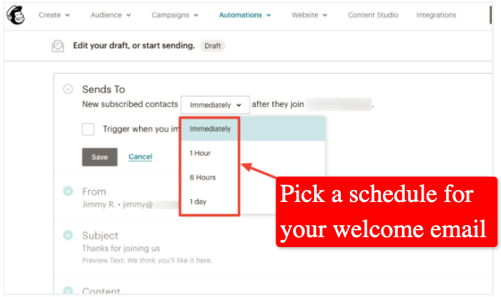 Email automation options in Mailchimp