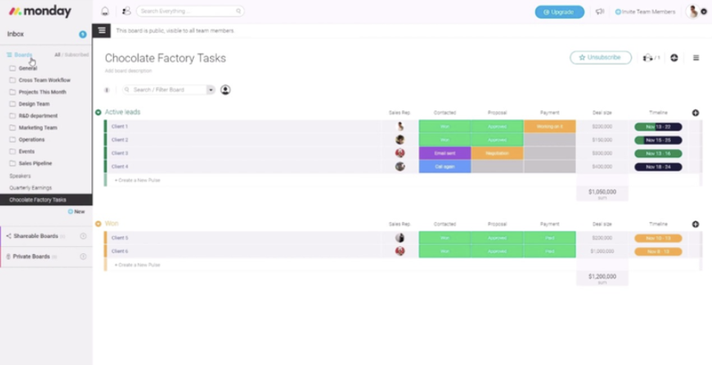 monday.com's board system displaying a project dashboard with tasks and timelines.