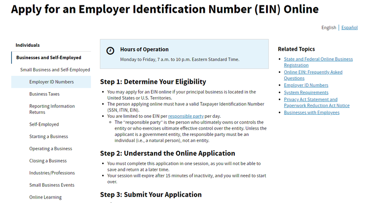 Screenshot of the IRS's EIN application page.