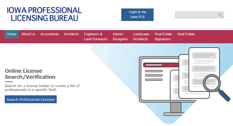 Screenshot of the Iowa Professional Licensing Bureau's license search web page.