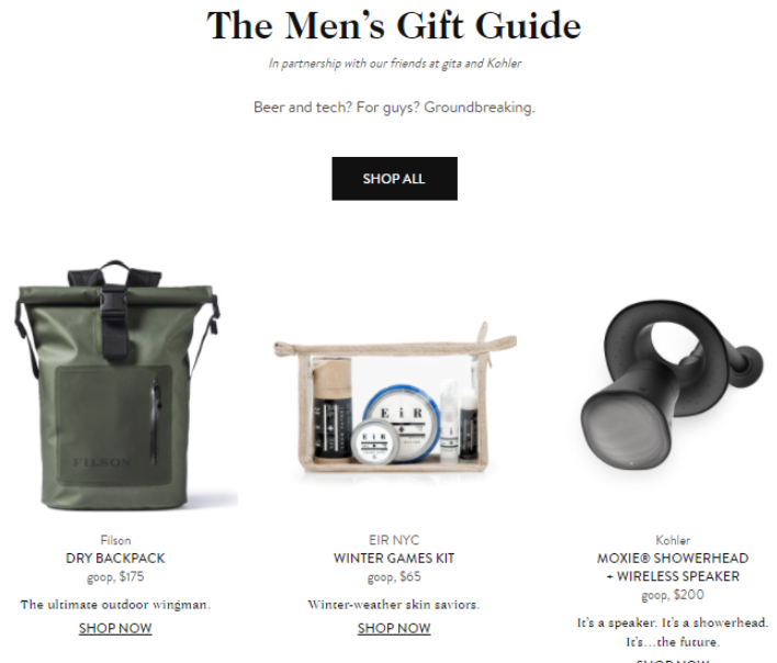An image showing a men’s collection from an online gift guide.