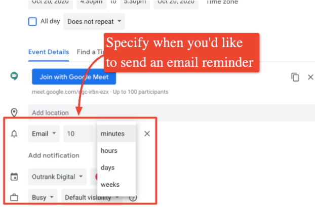 The screenshot shows the email reminder options on a Google Calendar event.