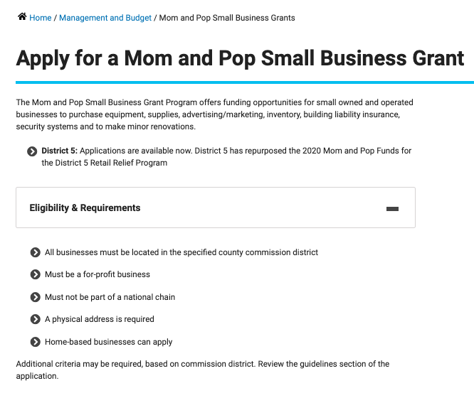 An image showing the eligibility and requirements for the Miami-Dade County’s Mom and Pop Small Business Grant.