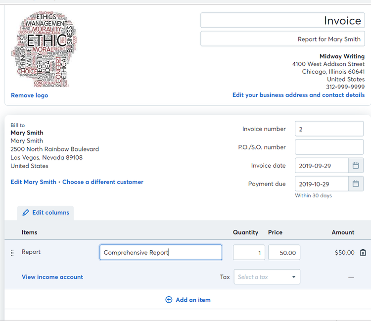 Example template for invoice
