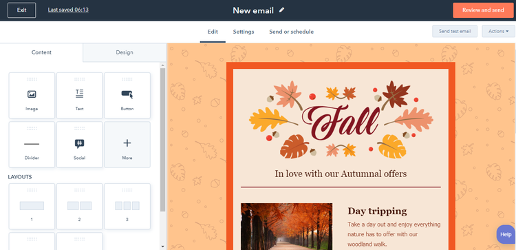 HubSpot email editor with drag and drop blocks for image, text, and button