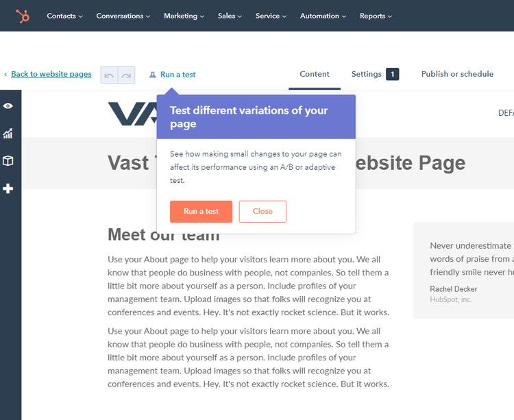 HubSpot CMS’s pop-up for testing page variations.