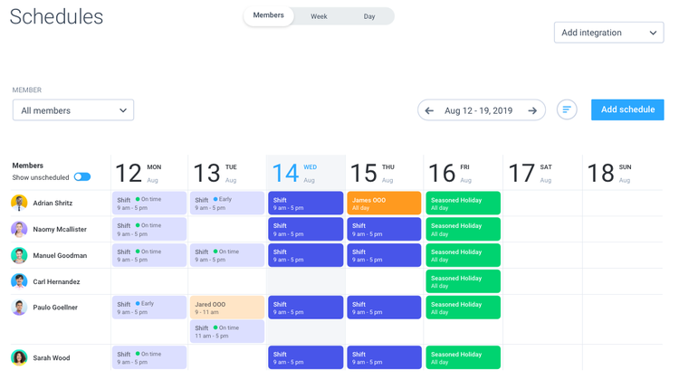 Hubstaff schedule calendar view with each row and color for each employee