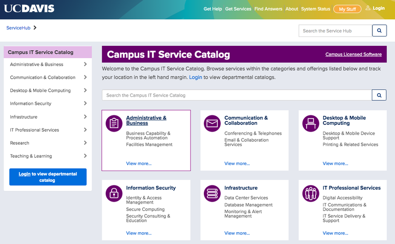 The IT website for the University of California, Davis groups its services into categories.