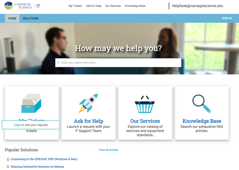 A website depicts Carnegie’s IT service catalog through four simple choices and a search box.