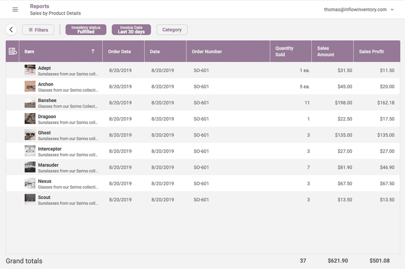 inFlow screenshot of a pre-built report highlighting product details.