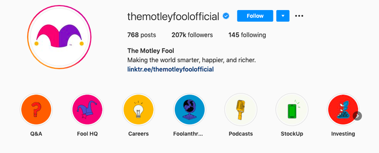 The Motley Fool Instagram homepage.