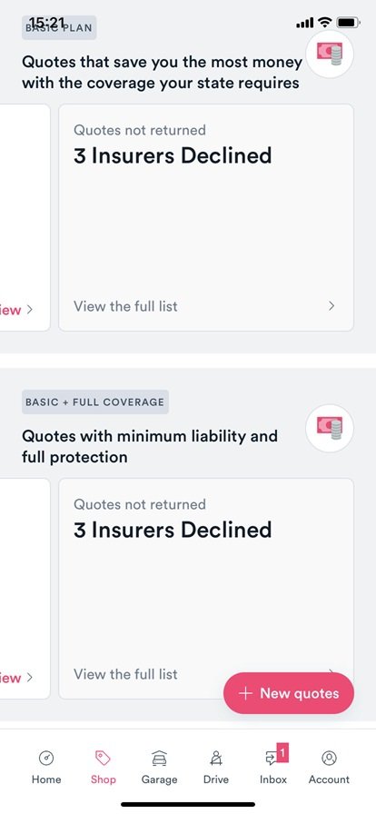 Screenshot of Jerry app screen showing three insurers declined.