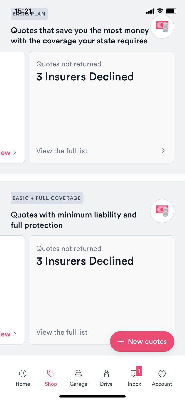 Screenshot of Jerry screen showing three insurers declined.