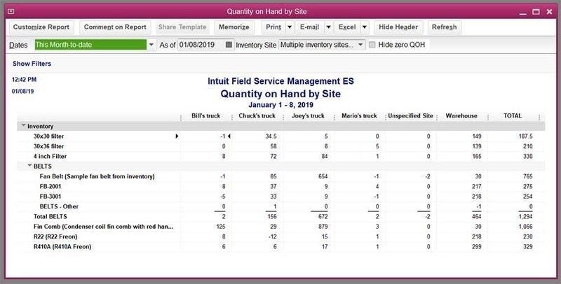 Screenshot of Intuit Field Service Management inventory