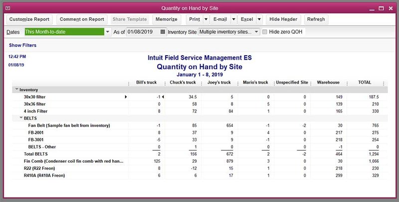 Intuit Field Service Management screen showing a inventory screen displaying quantity on hand by site.