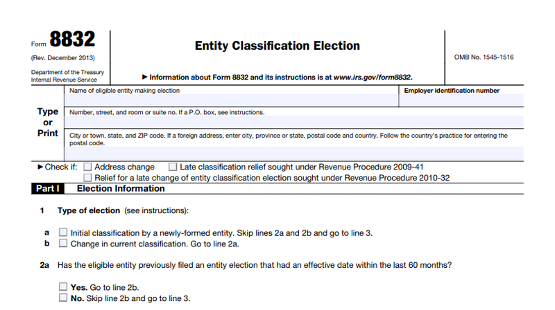 Screenshot of IRS Form 8832, Entity Classification Election