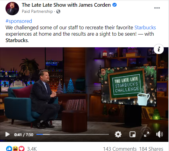 Picture of James Corden’s Starbucks challenge promotion.