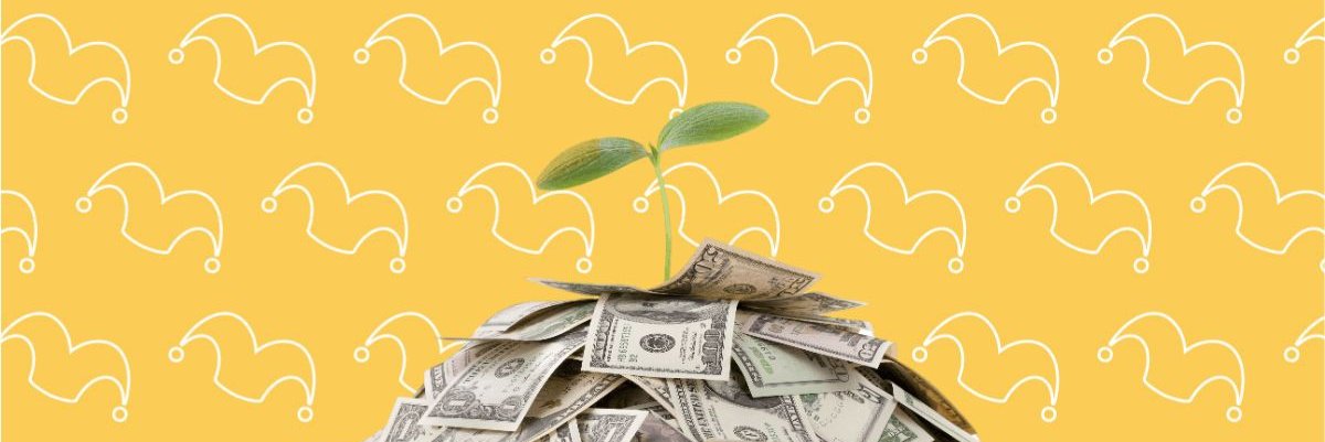 A pile of money with a seedling growing out of it