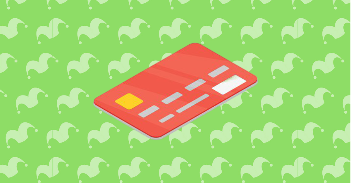 A green background with jester cap logos and a credit card image overlayed