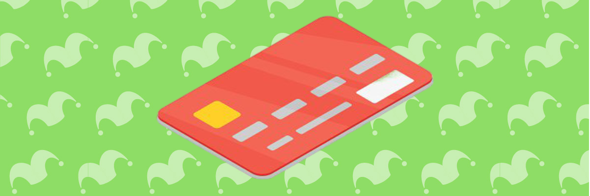 A green background with jester cap logos and a credit card image overlayed