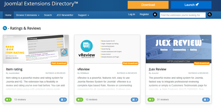 Directorio de extensiones de Joomla con extensiones destacadas con descripciones, calificaciones e información de costos.