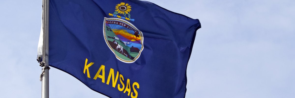 The Kansas state flag flying on a flagpole.