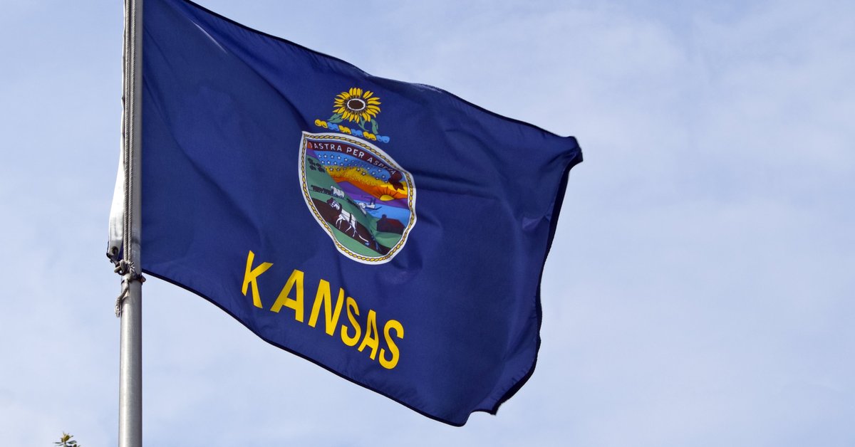 The Kansas state flag flying on a flagpole.