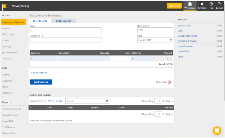 Kashoo income and expenses screen with form fields to add information about the client, reference number, date, etc.