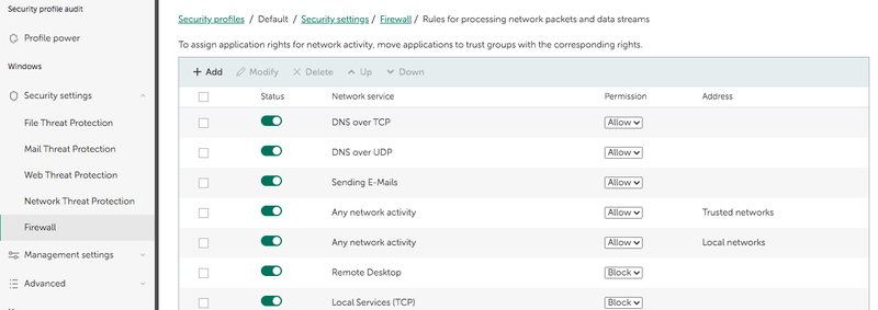 Firewall settings include a page listing various rules for processing network data that have toggle switches and Permission dropdown options.