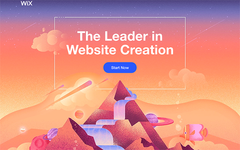 Top of Wix landing page featuring a header, button, and visual illustration of mountains.