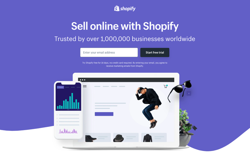 Shopify landing page with form field to submit email address and a visual illustration of a laptop and smartphone.