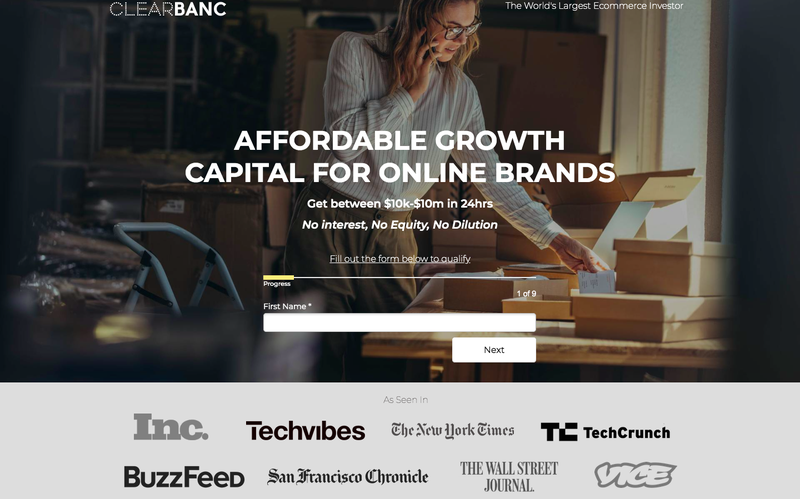 Top of Clearbanc landing page with background of a women surrounded by boxes, form field for email sign-up, and list of brands recommending Clearbanc.