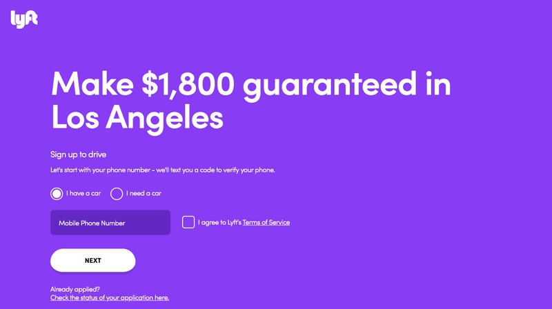 Lyft landing page highlighting opportunity for revenue and a form field to enter your phone number to get started.