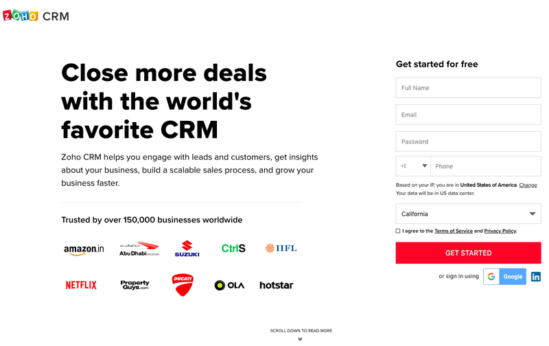 Top of Zoho CRM's landing page with copy and featured brands on the left and form field on the right.