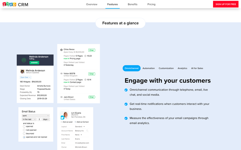 Middle of Zoho CRM's landing page with screenshots highlighting different product features.