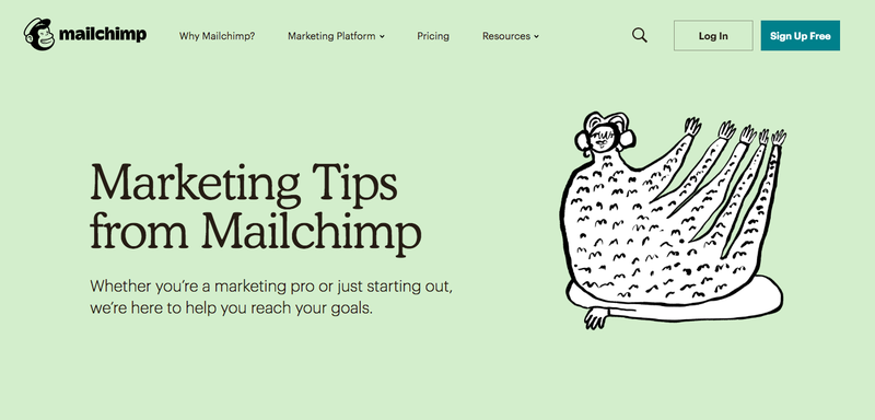 Mailchimp landing page with solid green background, illustration on the right, and copy on the left.