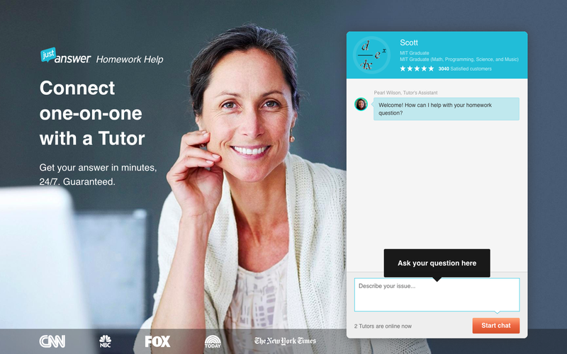 JustAnswer landing page with portrait of a women in the background and a live chat box inviting you to try the product.