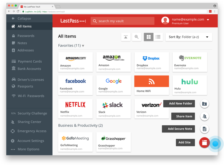 The LastPass password vault has a left-hand menu and a grid on the right with linked websites and accounts.