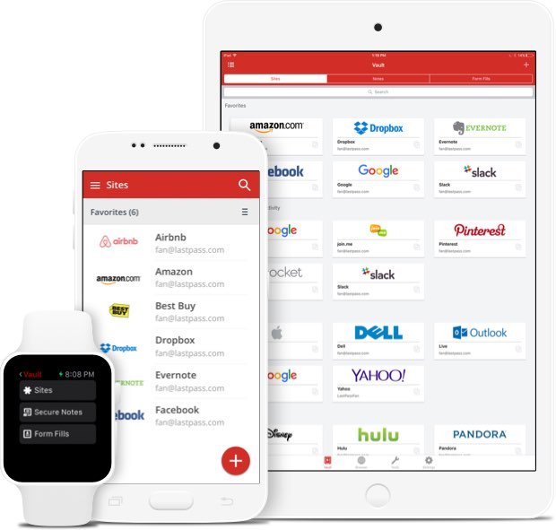 The LastPass mobile app is displayed on multiple devices.