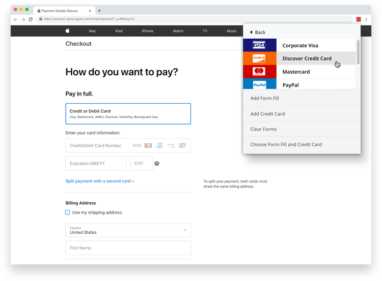 The LastPass browser extension displays multiple digital wallet payment options.