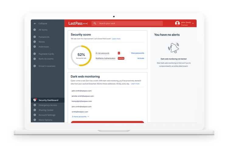 The LastPass security dashboard provides a security score and dark web monitoring.