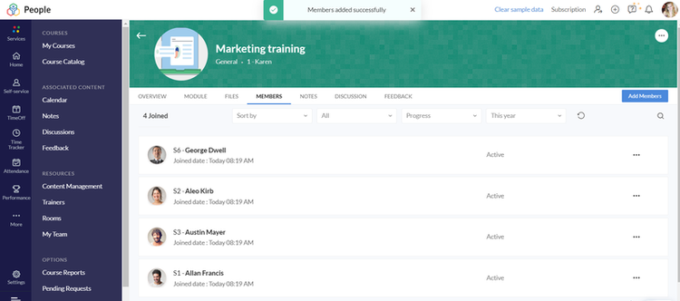 Zoho People’s learning management system dashboard.