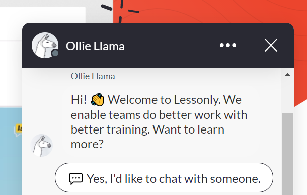 Welcome chat with Lessonly's mascot, Ollie Llama.