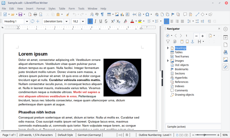 A document being written in LibreOffice's Writer program with toolbars along the top and right side.