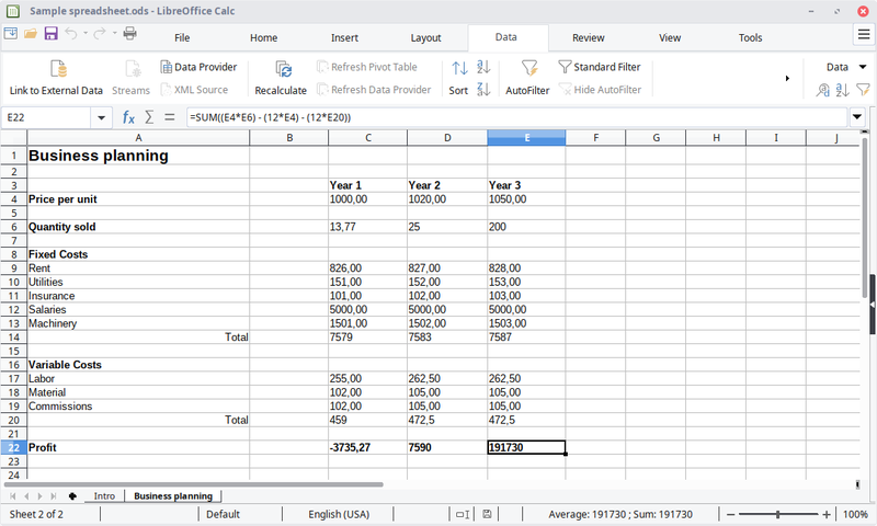 A spreadsheet titled Business planning with rows and columns showing costs for various categories.