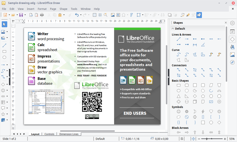 A page being built in LibreOffice's Draw program with shape tools open on the right-hand side.