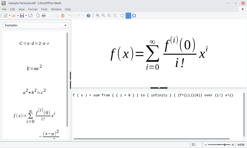 A formula being written out in LibreOffice's Math program.