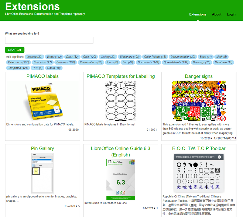 The LibreOffice extensions center showing six options to choose from.