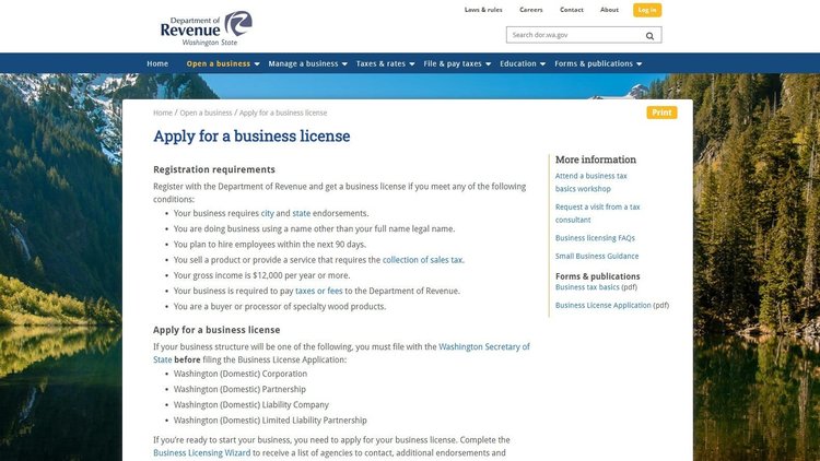 Screenshot of the Washington Department of Revenue’s business licensing page.